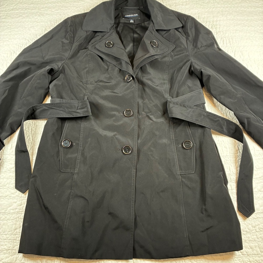 London Fog Trench Coat XL Black Belt Button Front Rain Jacket Classic 34.5"long